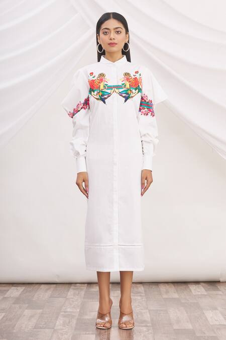 Shop MR. Ajay Kumar White Cotton Printed Collared Neck Shirt Dress Online at Aza Fashions Shop_MR. Ajay Kumar_White Cotton Printed Collared Neck Shirt Dress _Online_at_Aza_Fashions