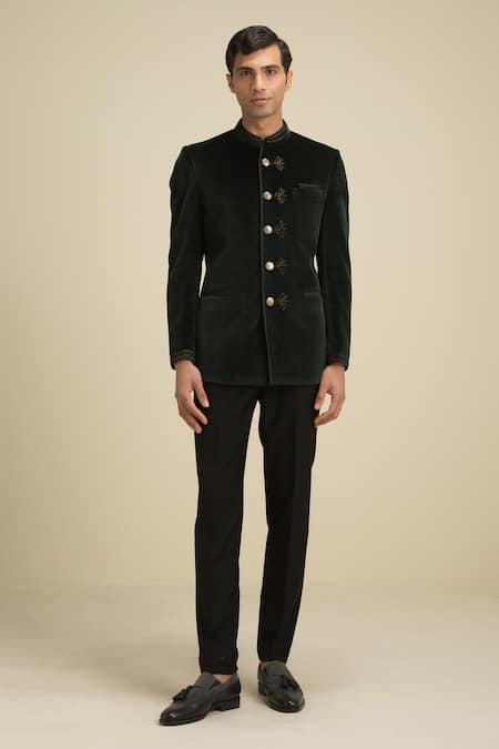 Philocaly_Green 100% Cotton Velvet Bandhgala_Online_at_Aza_Fashions