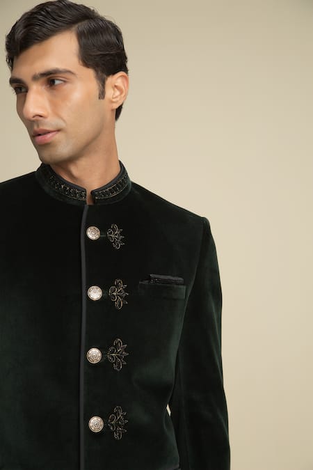 Buy_Philocaly_Green 100% Cotton Velvet Bandhgala_Online_at_Aza_Fashions