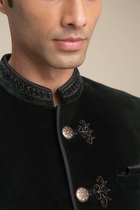 Shop_Philocaly_Green 100% Cotton Velvet Bandhgala_Online_at_Aza_Fashions