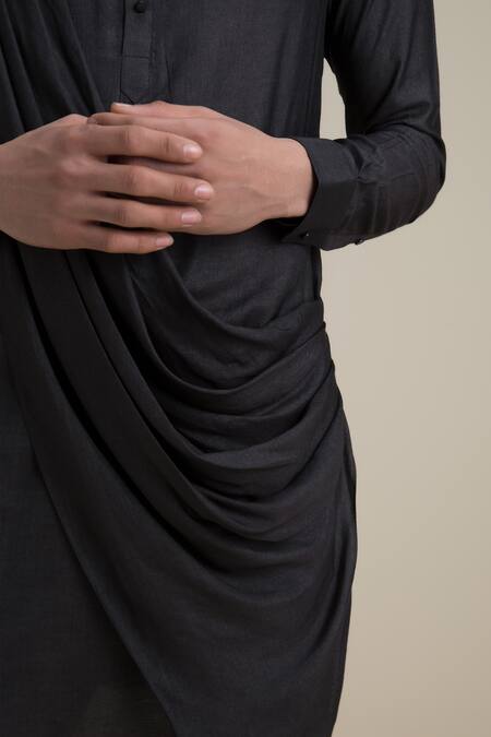 Buy_Philocaly_Black Silk, Velvet Achkan And Draped Kurta Set_Online_at_Aza_Fashions