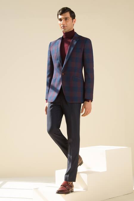 Shop Philocaly Blue Perennial Wool Checkered Blazer at Aza Fashions Shop_Philocaly_Blue Perennial Wool Checkered Blazer_at_Aza_Fashions