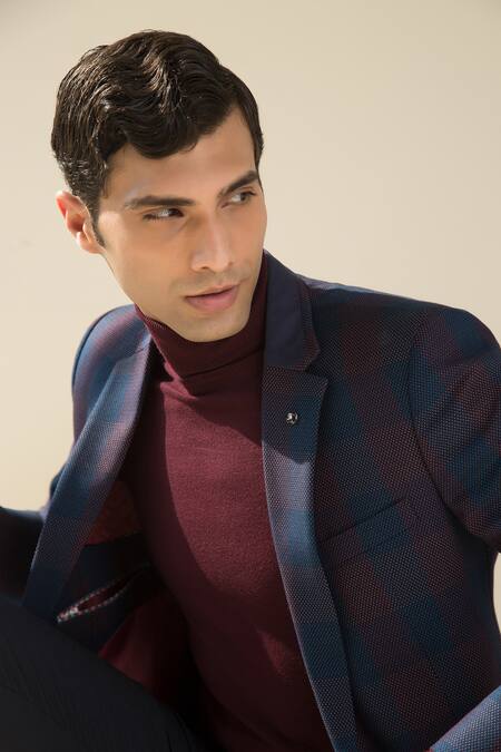 Buy Philocaly Blue Perennial Wool Checkered Blazer Online at Aza Fashions Buy_Philocaly_Blue Perennial Wool Checkered Blazer_Online_at_Aza_Fashions