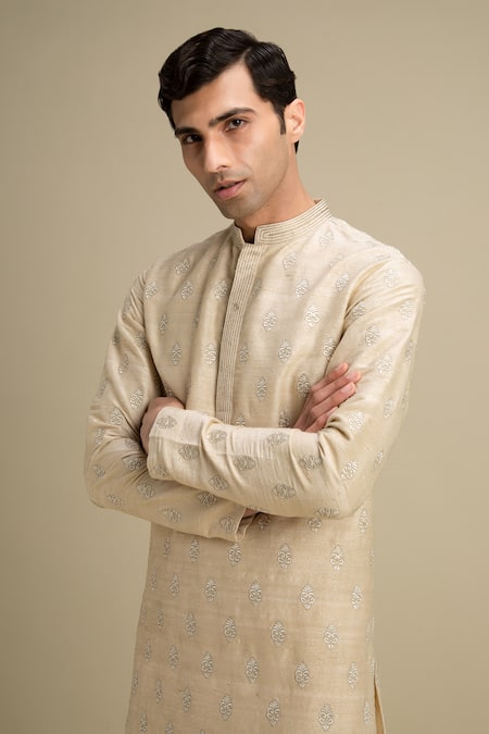 Buy_Philocaly_Beige 100% Silk Embroidered Kurta _Online_at_Aza_Fashions