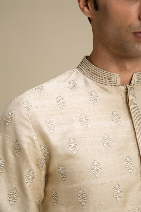 Shop_Philocaly_Beige 100% Silk Embroidered Kurta _Online_at_Aza_Fashions