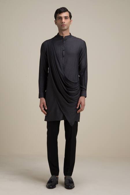 Philocaly_Black 100% Silk Draped Kurta _Online_at_Aza_Fashions