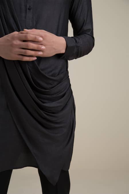 Shop_Philocaly_Black 100% Silk Draped Kurta _Online_at_Aza_Fashions