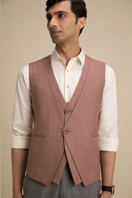 Shop_Philocaly_Pink 100% Wool Layered Waistcoat_Online_at_Aza_Fashions