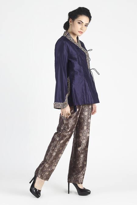 House Of Three_Blue Silk V Neck Nafs Overlap Top _Online_at_Aza_Fashions