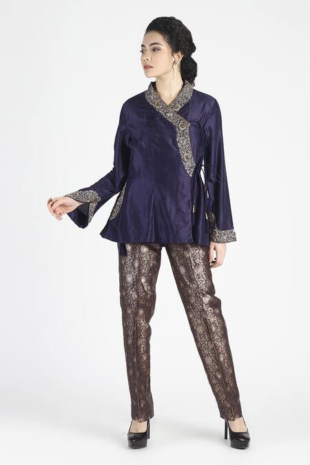 Buy_House Of Three_Blue Silk V Neck Nafs Overlap Top _Online_at_Aza_Fashions