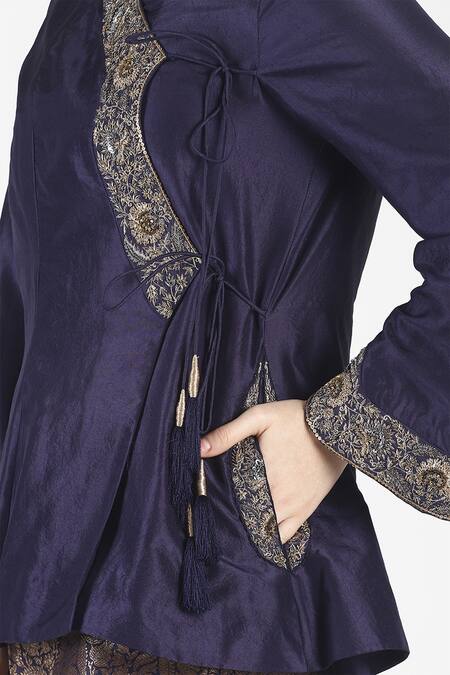 Shop_House Of Three_Blue Silk V Neck Nafs Overlap Top _Online_at_Aza_Fashions