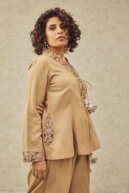 House Of Three Beige Cotton Dobby V Neck Aafa Embroidered Angrakha Tunic