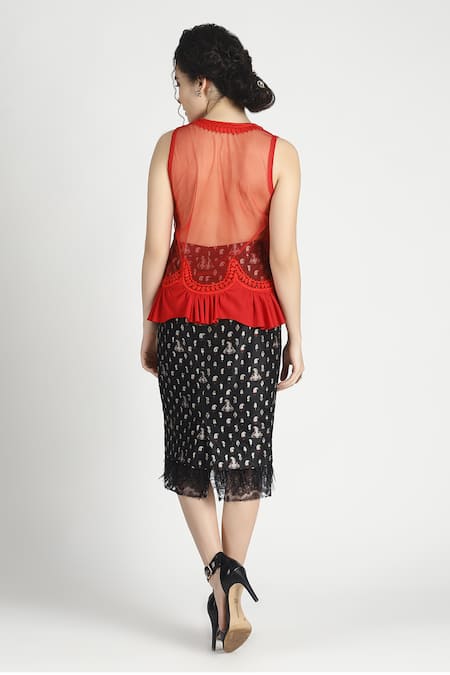 Shop House Of Three Red Net V Neck Laal Embroidered Top at Aza Fashions Shop_House Of Three_Red Net V Neck Laal Embroidered Top _at_Aza_Fashions