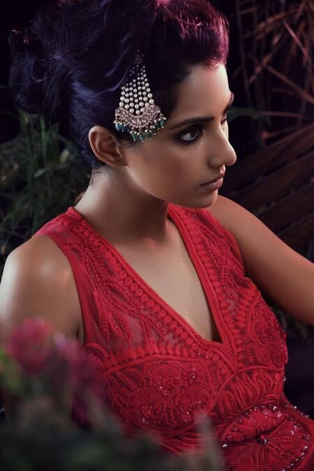 Shop House Of Three Red Net V Neck Laal Embroidered Top Online at Aza Fashions Shop_House Of Three_Red Net V Neck Laal Embroidered Top _Online_at_Aza_Fashions