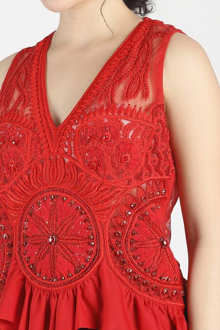House Of Three Red Net V Neck Laal Embroidered Top at Aza Fashions House Of Three_Red Net V Neck Laal Embroidered Top _at_Aza_Fashions