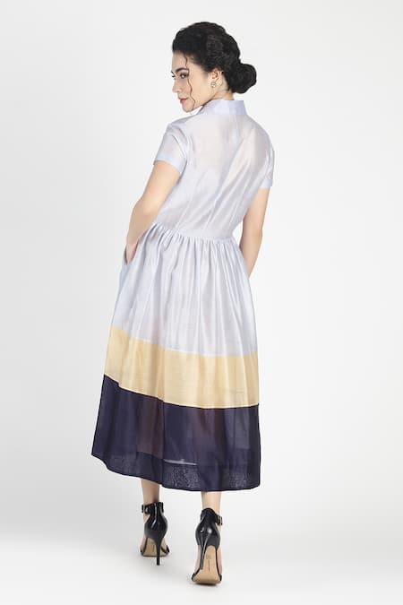 Shop House Of Three Blue Cotton Silk Chanderi Notched Lapel Mahru Colorblock Dress at Aza Fashions Shop_House Of Three_Blue Cotton Silk Chanderi Notched Lapel Mahru Colorblock Dress _at_Aza_Fashions