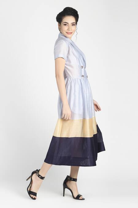 House Of Three Blue Cotton Silk Chanderi Notched Lapel Mahru Colorblock Dress Online at Aza Fashions House Of Three_Blue Cotton Silk Chanderi Notched Lapel Mahru Colorblock Dress _Online_at_Aza_Fashions
