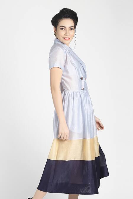 Buy House Of Three Blue Cotton Silk Chanderi Notched Lapel Mahru Colorblock Dress Online at Aza Fashions Buy_House Of Three_Blue Cotton Silk Chanderi Notched Lapel Mahru Colorblock Dress _Online_at_Aza_Fashions