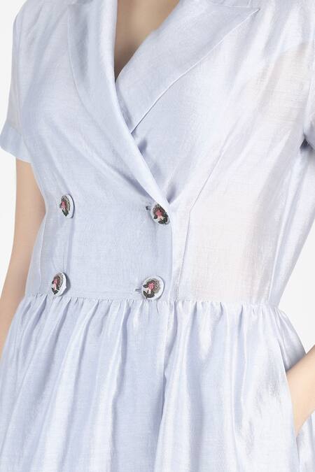 House Of Three Blue Cotton Silk Chanderi Notched Lapel Mahru Colorblock Dress at Aza Fashions House Of Three_Blue Cotton Silk Chanderi Notched Lapel Mahru Colorblock Dress _at_Aza_Fashions