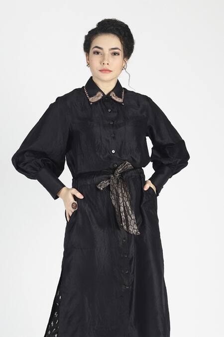 Buy House Of Three Black Silk Shirt Collar Sayonee Tunic Online at Aza Fashions Buy_House Of Three_Black Silk Shirt Collar Sayonee Tunic _Online_at_Aza_Fashions