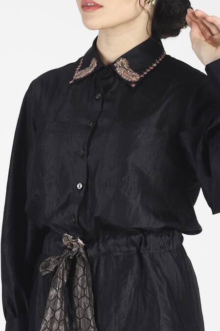 Shop House Of Three Black Silk Shirt Collar Sayonee Tunic Online at Aza Fashions Shop_House Of Three_Black Silk Shirt Collar Sayonee Tunic _Online_at_Aza_Fashions