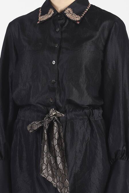 House Of Three Black Silk Shirt Collar Sayonee Tunic at Aza Fashions House Of Three_Black Silk Shirt Collar Sayonee Tunic _at_Aza_Fashions