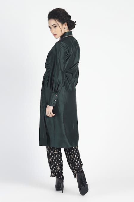 Shop House Of Three Green Silk Shirt Collar Sayonee Tunic at Aza Fashions Shop_House Of Three_Green Silk Shirt Collar Sayonee Tunic _at_Aza_Fashions