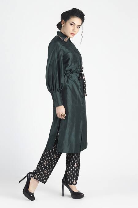 House Of Three Green Silk Shirt Collar Sayonee Tunic Online at Aza Fashions House Of Three_Green Silk Shirt Collar Sayonee Tunic _Online_at_Aza_Fashions