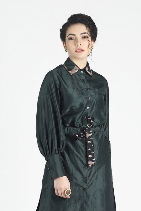 Buy House Of Three Green Silk Shirt Collar Sayonee Tunic Online at Aza Fashions Buy_House Of Three_Green Silk Shirt Collar Sayonee Tunic _Online_at_Aza_Fashions