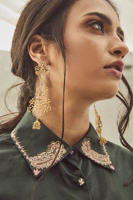 Shop House Of Three Green Silk Shirt Collar Sayonee Tunic Online at Aza Fashions Shop_House Of Three_Green Silk Shirt Collar Sayonee Tunic _Online_at_Aza_Fashions