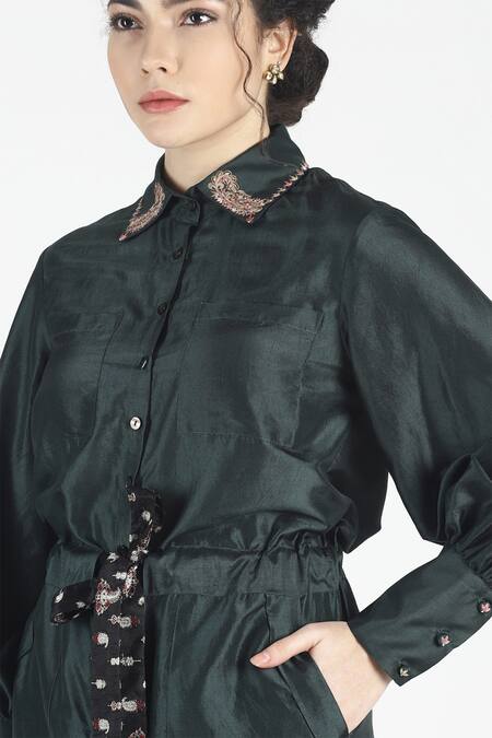 House Of Three Green Silk Shirt Collar Sayonee Tunic at Aza Fashions House Of Three_Green Silk Shirt Collar Sayonee Tunic _at_Aza_Fashions