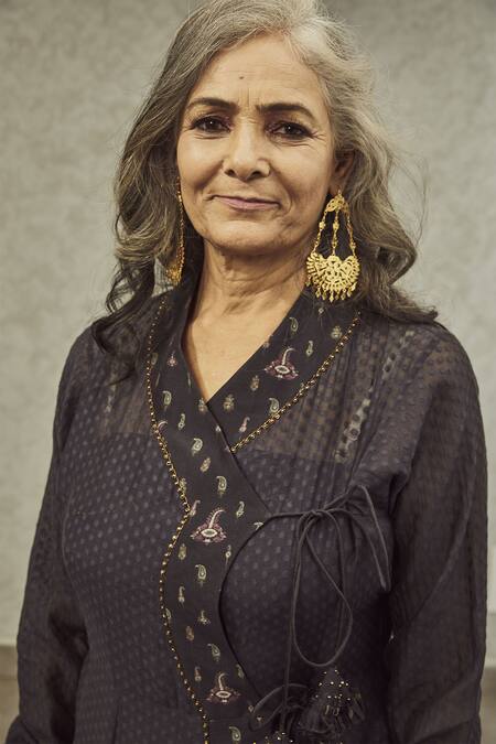 Shop_House Of Three_Black Polka Chanderi V Neck Kalka Angrakha _Online_at_Aza_Fashions