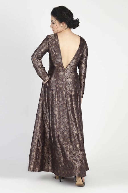 Shop House Of Three Purple Silk Jacquard Round Adaa Anarkali Gown at Aza Fashions Shop_House Of Three_Purple Silk Jacquard Round Adaa Anarkali Gown _at_Aza_Fashions