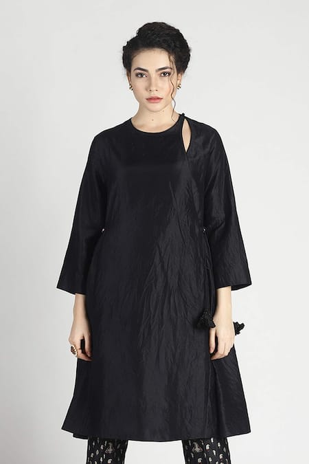 Shop House Of Three Black Silk Round Ambika Angrakha Kurta Online at Aza Fashions Shop_House Of Three_Black Silk Round Ambika Angrakha Kurta _Online_at_Aza_Fashions
