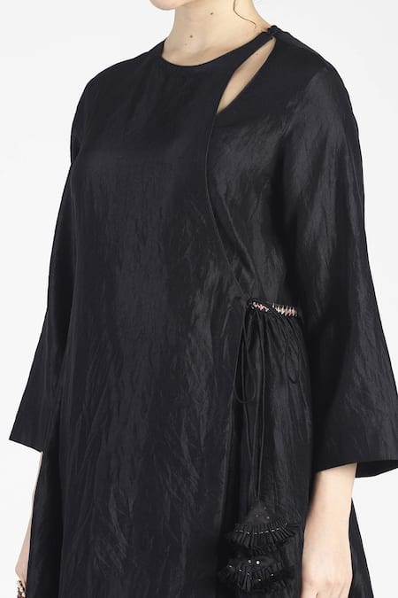 House Of Three Black Silk Round Ambika Angrakha Kurta at Aza Fashions House Of Three_Black Silk Round Ambika Angrakha Kurta _at_Aza_Fashions