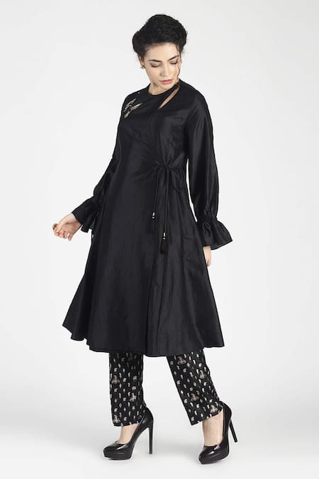 House Of Three Black Silk Round Ambi Embroidered Kurta