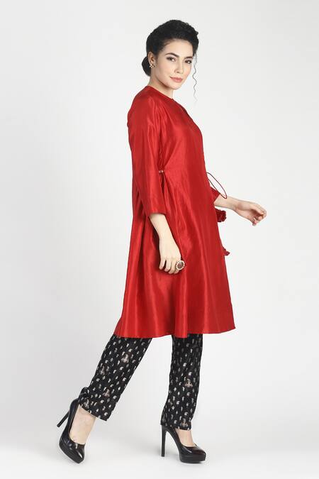 House Of Three_Red Silk Round Ambika Angrakha Kurta _Online_at_Aza_Fashions