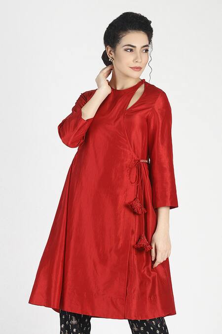 Buy_House Of Three_Red Silk Round Ambika Angrakha Kurta _Online_at_Aza_Fashions
