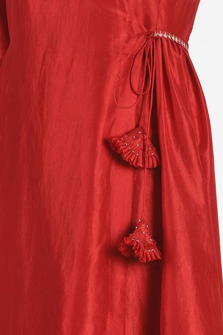 House Of Three_Red Silk Round Ambika Angrakha Kurta _at_Aza_Fashions