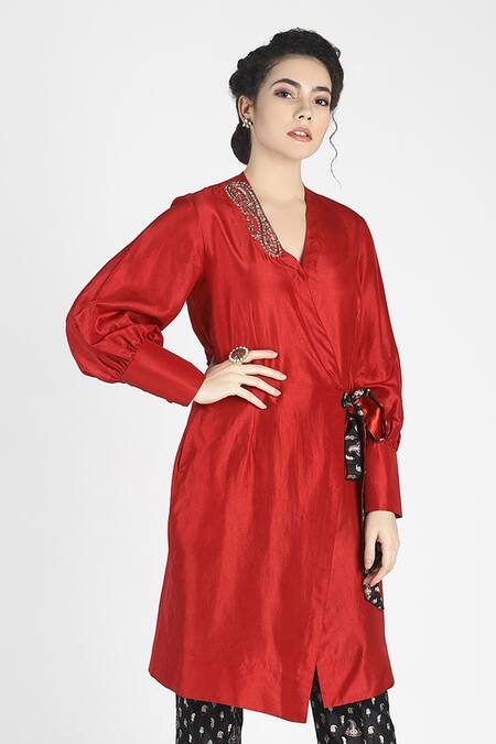 Buy_House Of Three_Red Silk V Neck Bani Tunic _Online_at_Aza_Fashions