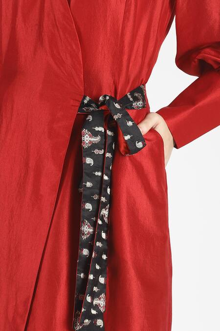 House Of Three_Red Silk V Neck Bani Tunic _at_Aza_Fashions