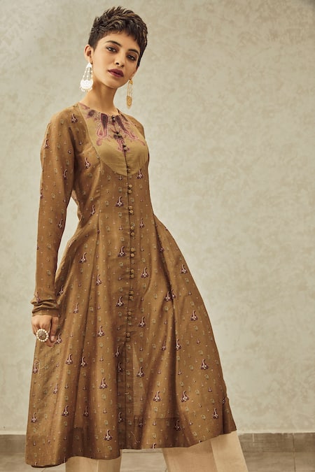 House Of Three Green Silk Round Zoon Kurta