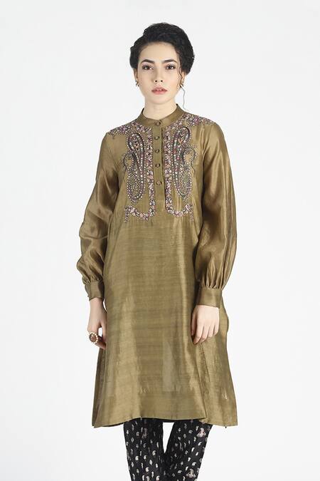 House Of Three Green Silk Round Ker Embroidered Kurta