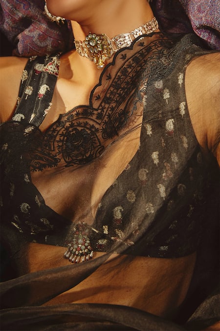Shop_House of Three_Black Silk Organza Nira Saree  _at_Aza_Fashions