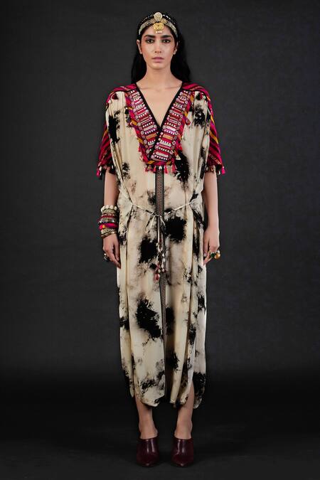 Aseem Kapoor Beige Natural Crepe V Neck Vayu Embroidered Kaftan Jumpsuit Online at Aza Fashions Aseem Kapoor_Beige Natural Crepe V Neck Vayu Embroidered Kaftan Jumpsuit _Online_at_Aza_Fashions