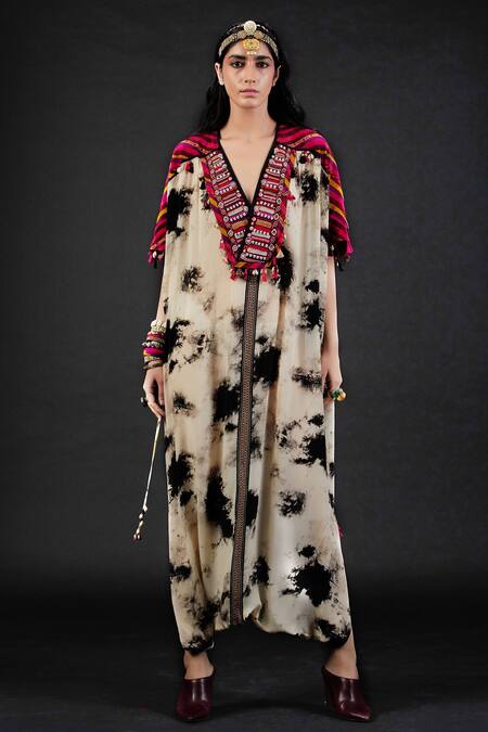 Shop Aseem Kapoor Beige Natural Crepe V Neck Vayu Embroidered Kaftan Jumpsuit Online at Aza Fashions Shop_Aseem Kapoor_Beige Natural Crepe V Neck Vayu Embroidered Kaftan Jumpsuit _Online_at_Aza_Fashions