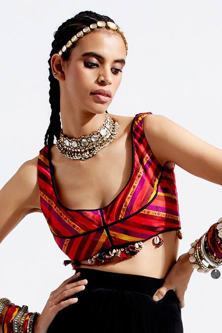 Shop_Aseem Kapoor_Multi Color Cotton U Neck Kalpa Striped Blouse_Online_at_Aza_Fashions