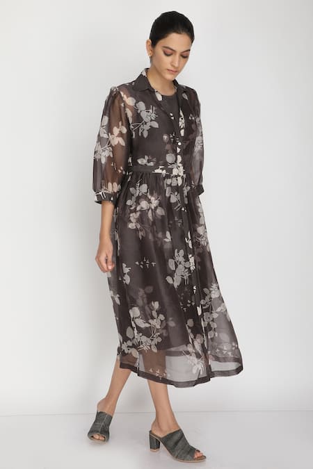 Arcvsh By Pallavi Singh Grey Organza Bamberg Jacket Collar Dress Round Printed And Set 