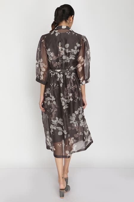 Shop Arcvsh By Pallavi Singh Grey Organza Bamberg Jacket Collar Dress Round Printed And Set at Aza Fashions Shop_Arcvsh By Pallavi Singh_Grey Organza Bamberg Jacket Collar Dress Round Printed And Set _at_Aza_Fashions