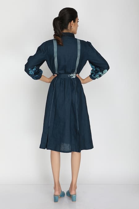 Shop Arcvsh By Pallavi Singh Blue Cotton, Linen Collared Neck Printed Shirt Dress at Aza Fashions Shop_Arcvsh By Pallavi Singh_Blue Cotton, Linen Collared Neck Printed Shirt Dress _at_Aza_Fashions